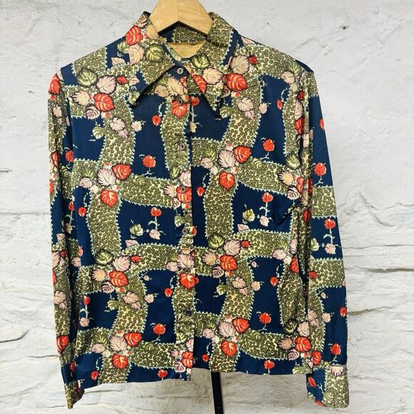 Vtg Lerner Shops Dagger Collar Blouse 60s 70s Floral Abstract Print Hippie Boho - Picture 1 of 7